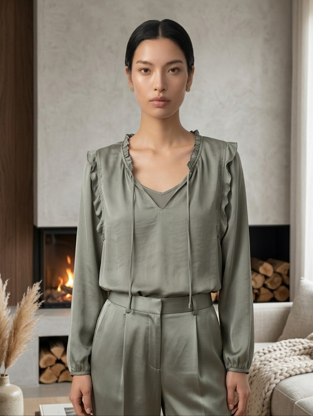 Dolan Olive Green Ruffle Detail Long Sleeve Blouse Size XS